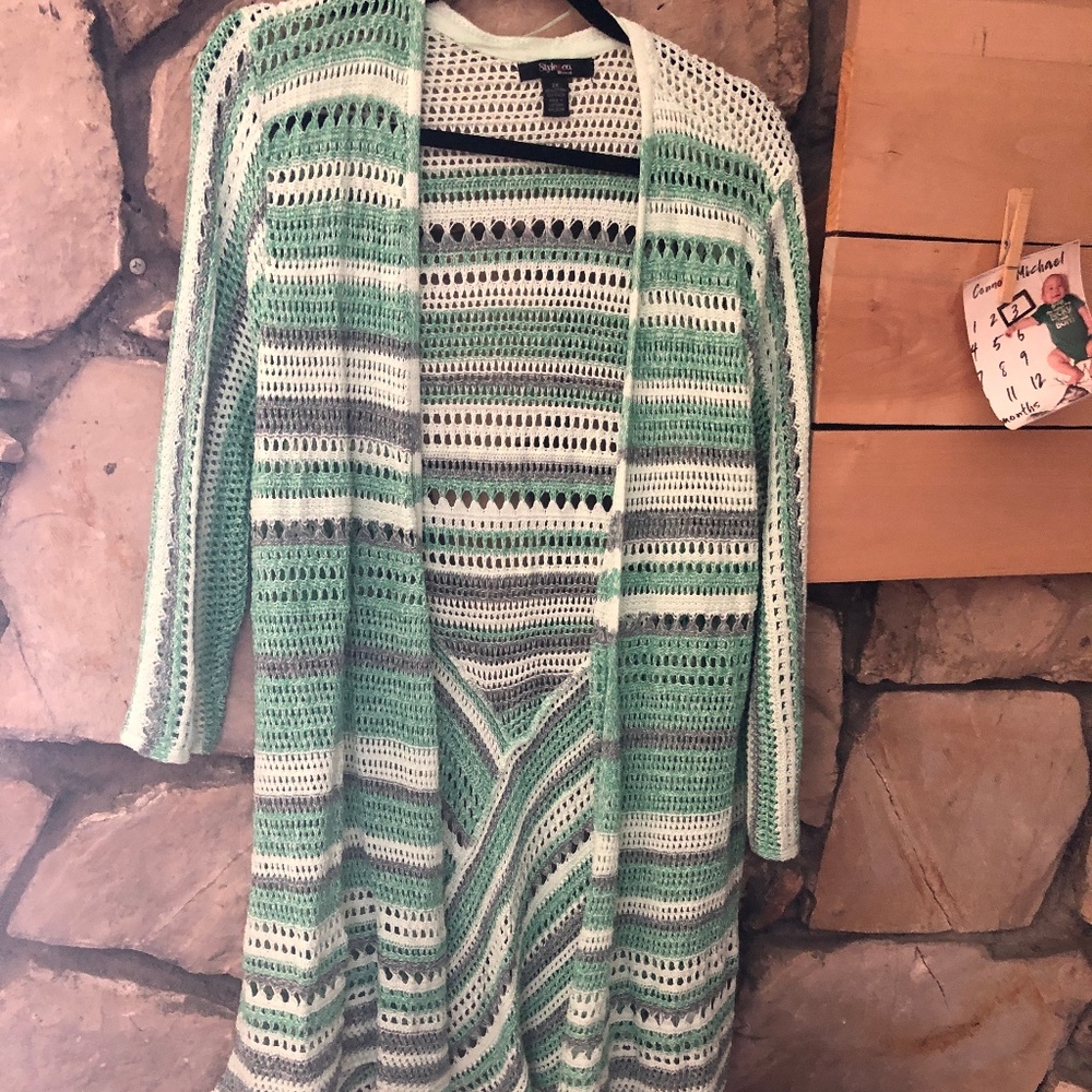 Style & Co Green Crochet Long Cardigan